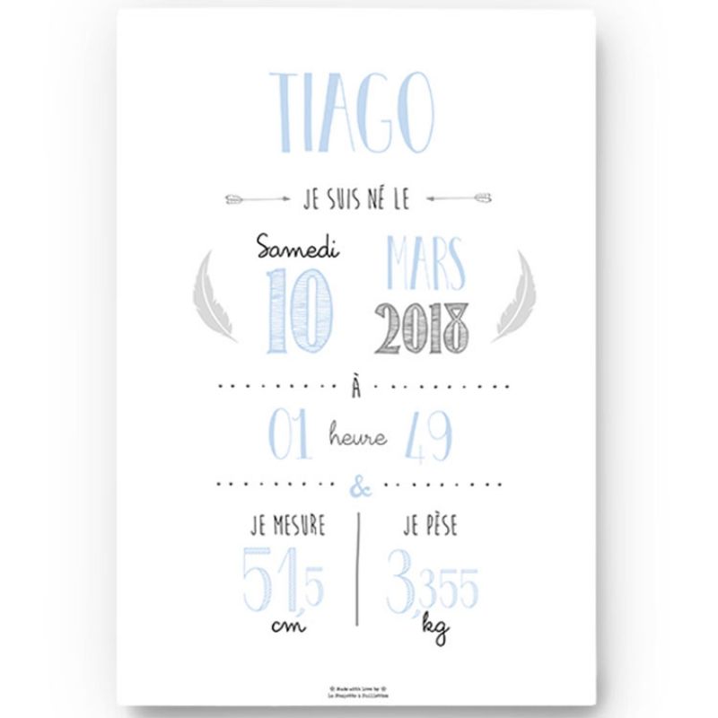 Affiche de naissance A4 bleu ciel (personnalisable) La Poupette à paillettes