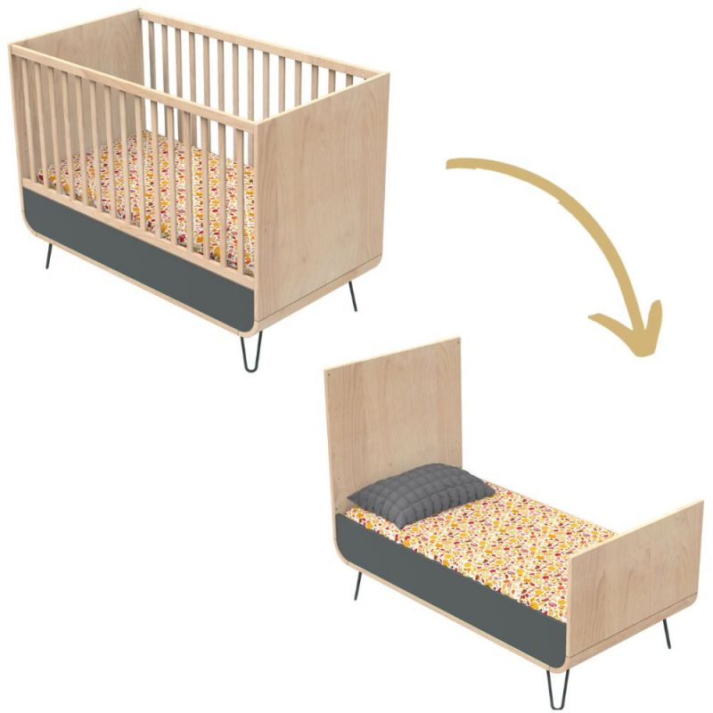 Lit évolutif Bambin gris-bois pieds fil gris (70 x 140 cm) Sauthon Original