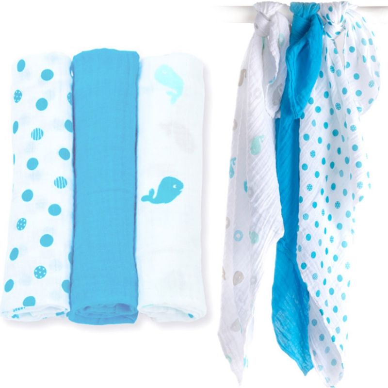Lot de 3 langes baleines et pois bleus (70 x 70 cm) Lulujo