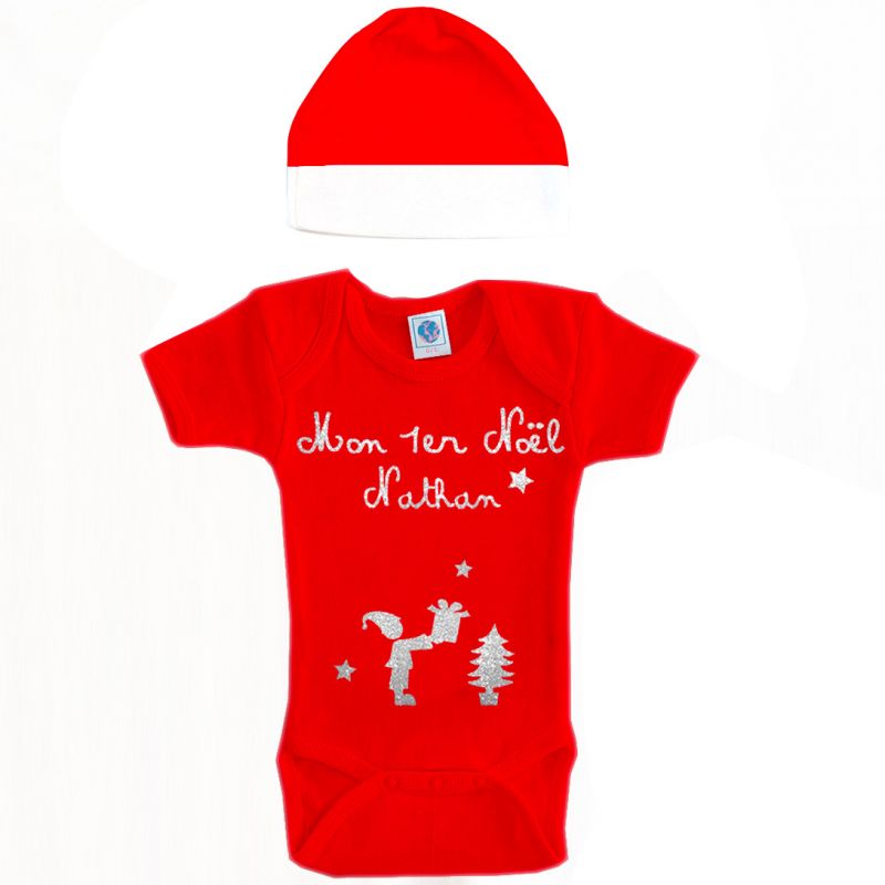 Ensemble body et bonnet Mon premier Noël rouge à manches courtes personnalisable (6-12 mois) Les Griottes