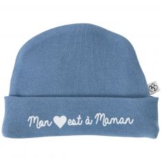 Bonnet de naissance doublé pur coton Mon cœur est à Maman pierre bleue - BB & Co