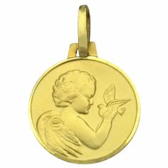 Médaille ronde Ange à la colombe 14 mm bord brillant (or jaune 750°)