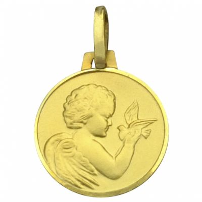 Médaille ronde Ange à la colombe 14 mm bord brillant (or jaune 750°) Premiers Bijoux