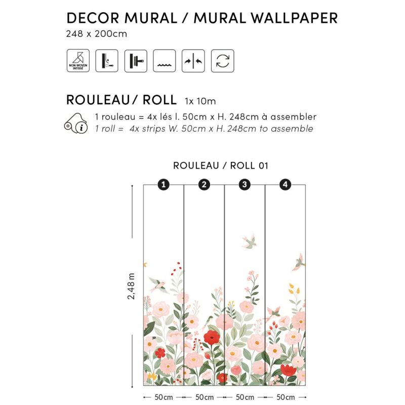 Papier peint panoramique Decor Alysse fleurs et oiseaux blanc (2m x 248 cm)  Lilipinso Produit 3