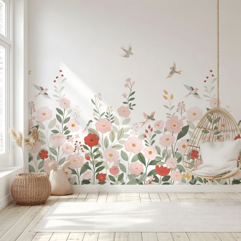 Papier peint panoramique Decor Alysse fleurs et oiseaux blanc (2m x 248 cm)  Lilipinso Ambiance 6