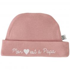 Bonnet de naissance doublé pur coton Mon cœur est à Papa rose thé - BB & Co