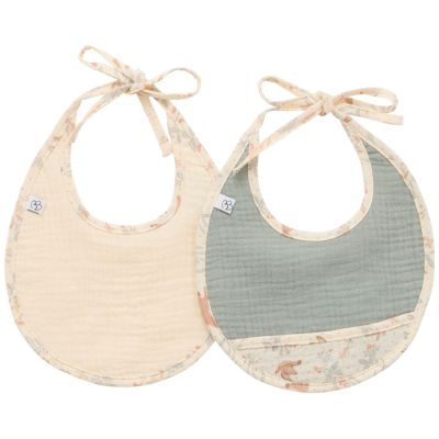 Lot de 2 bavoirs naissance gaze de coton jardin enchantée ivoire et vert de gris BB & Co