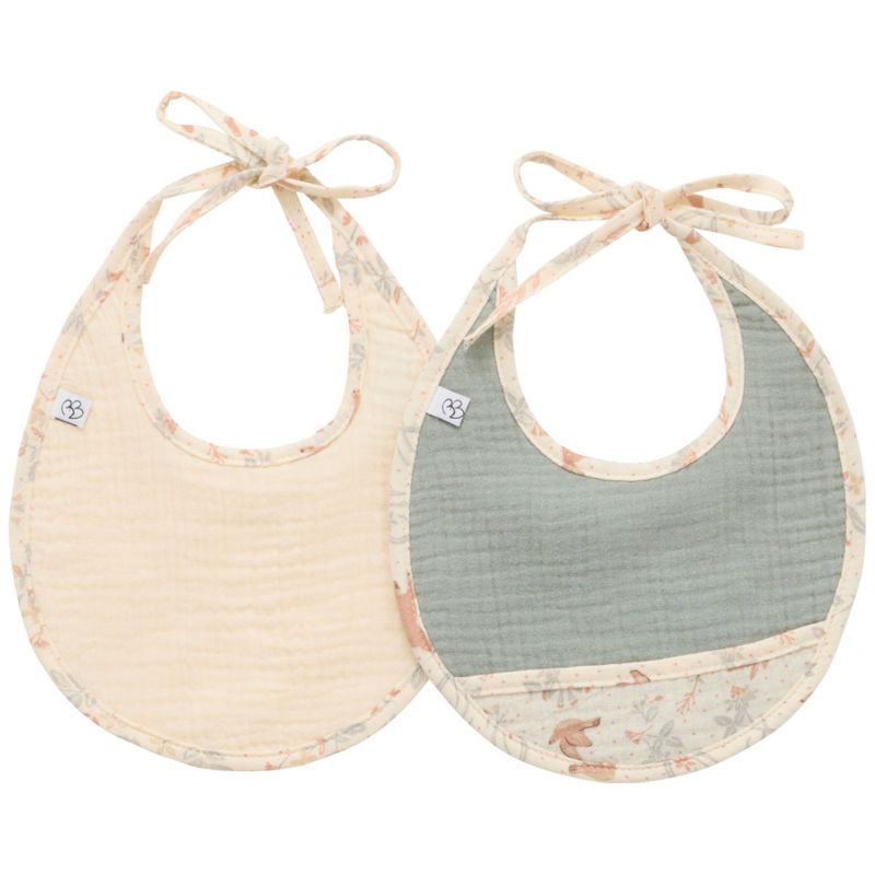 Lot de 2 bavoirs naissance gaze de coton jardin enchantée ivoire et vert de gris BB & Co Produit 1