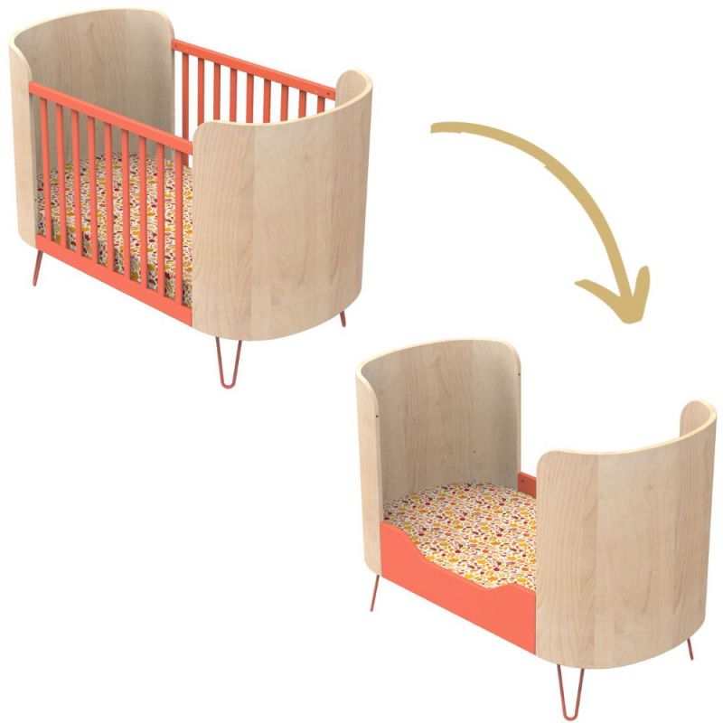 Lit évolutif Galopin bois-corail pieds fil corail (70 x 140 cm) Sauthon Original