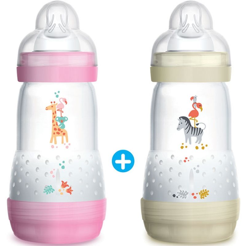 Lot de 2 biberons anti-coliques girafe et zèbre - débit 2 moyen (260 ml) MAM