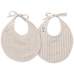 Lot de 2 bavoirs naissance en gaze de coton beige rayé galet - BB & Co