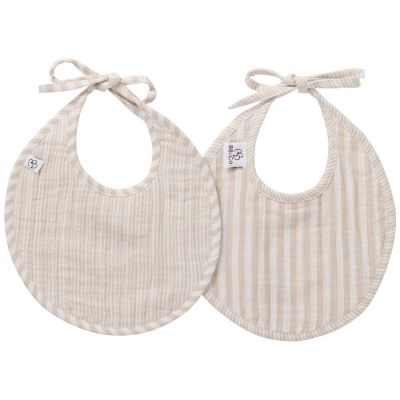 Lot de 2 bavoirs naissance en gaze de coton beige rayé galet