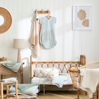 Lot de 2 bavoirs naissance en gaze de coton beige rayé galet