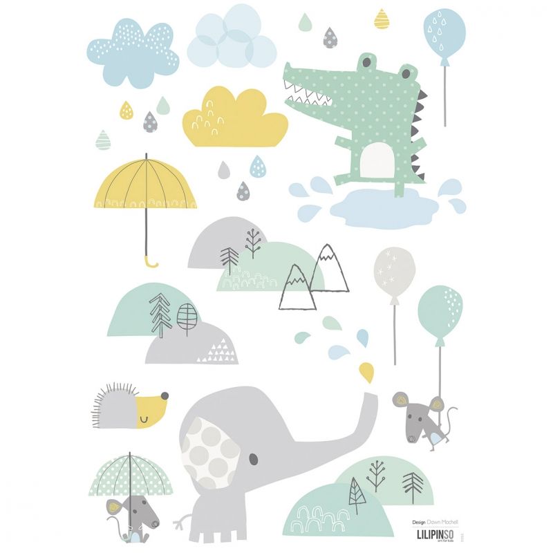 Stickers A3 crocodile et éléphant Smile, it's raining by Dawn Machell (29,7 x 42 cm) Lilipinso