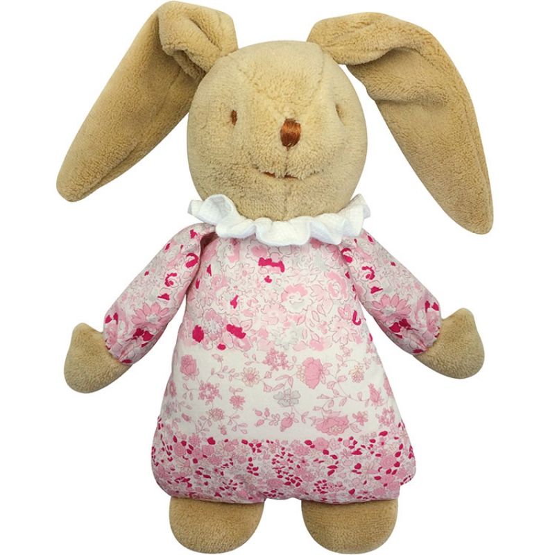 Peluche musicale Lapin Nid d'Ange Fleurs Roses et pochette de rangement en coton (28 cm) Trousselier
