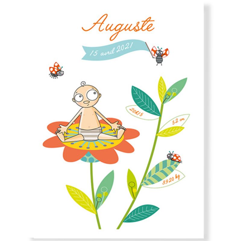 Affiche de naissance garçon fleur personnalisable (21 x 29,7 cm) Série-Golo