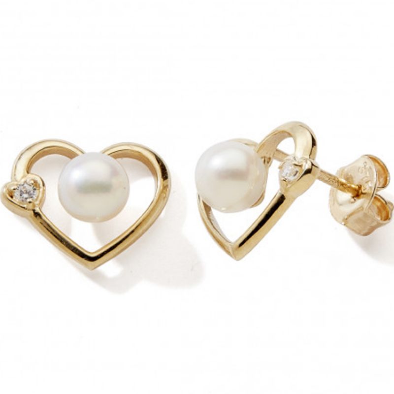 Boucles d'oreilles Coeur avec perle (or jaune 375°) Baby bijoux