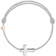 Bracelet cordon Croix et perle gris (or blanc 750°)  par Claverin