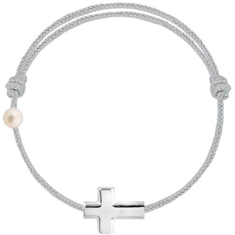 Bracelet cordon Croix et perle gris (or blanc 750°) Claverin