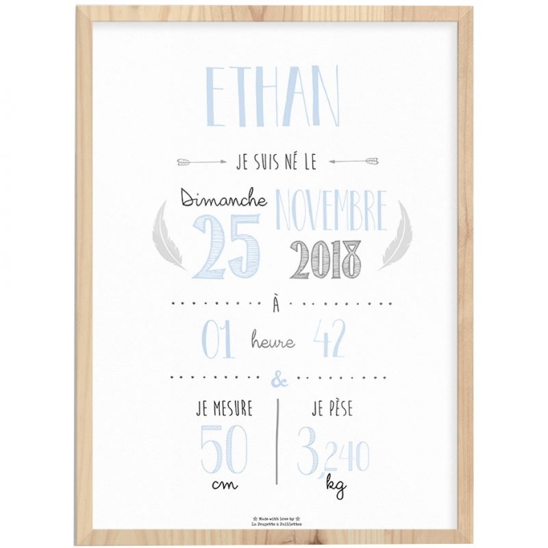 Affiche de naissance encadrée A3 bleu ciel (personnalisable) La Poupette à paillettes