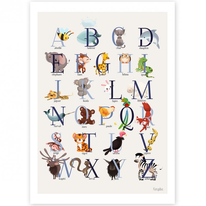 Affiche A4 abécédaire animalier bleue Kanzilue