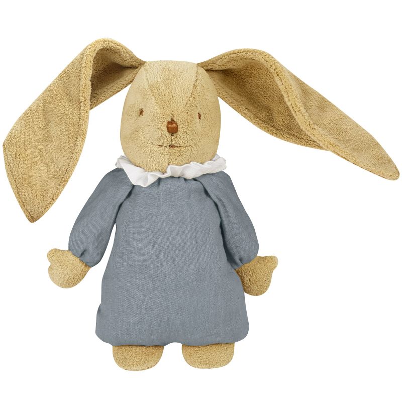 Peluche musicale lapin nid d'ange en lin bleu gris et pochette de rangement en coton (28 cm) Trousselier