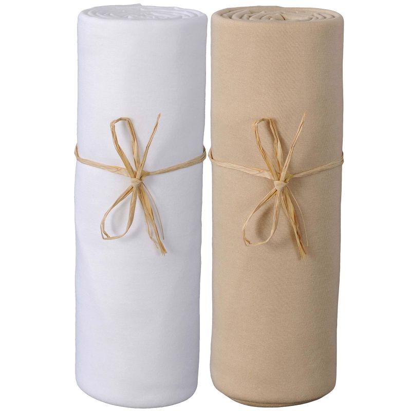 Lot de 2 draps housses en coton bio blanc et cappuccino (60 x 120 cm) P'tit Basile