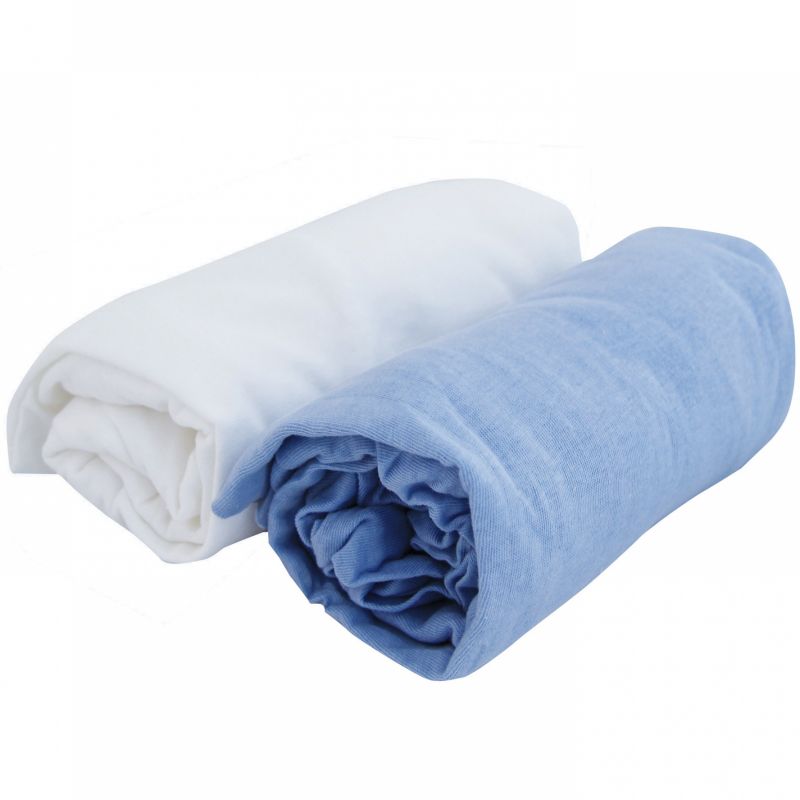 Lot de 2 draps housses coton blanc et ciel (70 x 140 cm) Domiva