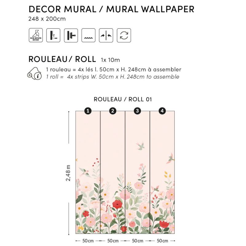 Papier peint panoramique Decor Alysse fleurs et oiseaux rose (2m x 248 cm)  Lilipinso Produit 3