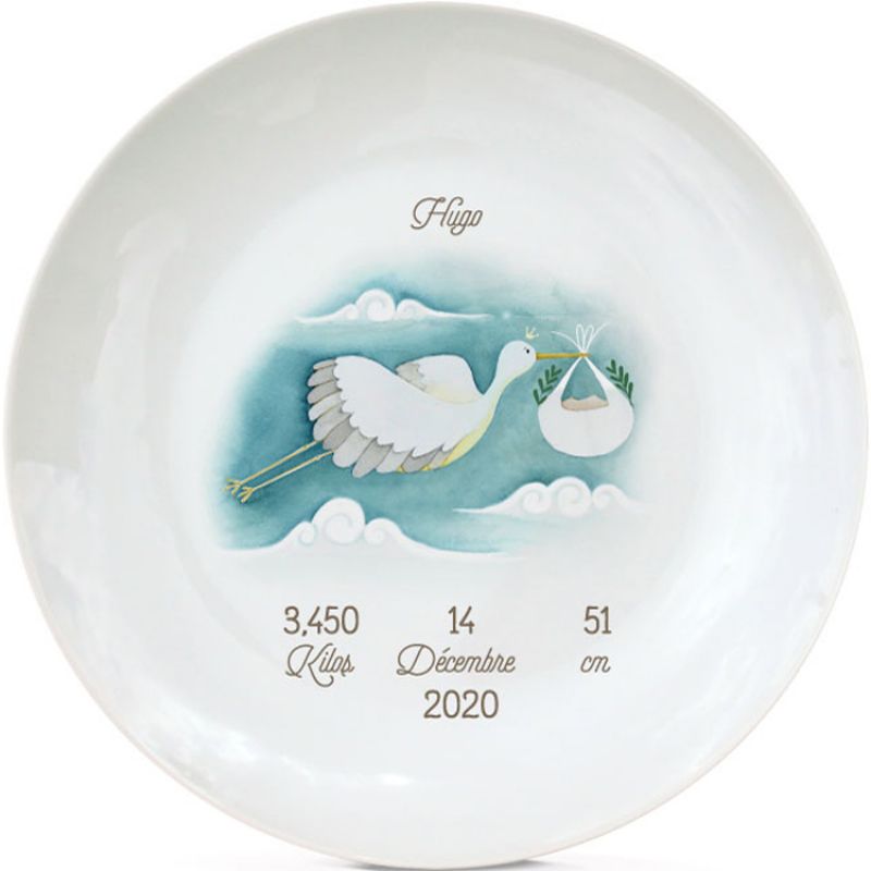Assiette de naissance Cigogne en vol bleue (personnalisable) Gaëlle Duval