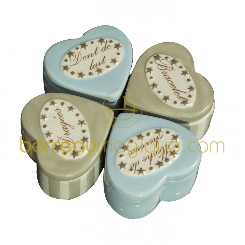 Coffret cadeau 4 boites naissance coeurs bleus et beiges Amadeus Les Petits