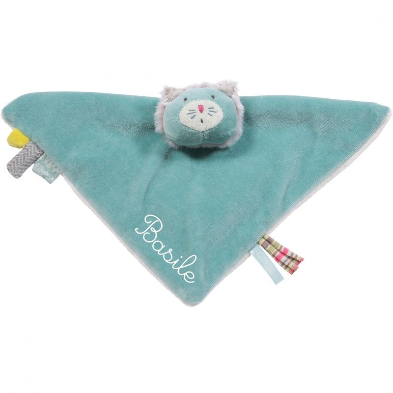 Doudou plat chat bleu carré Les Pachats personnalisable (23 x 23 cm) Moulin Roty