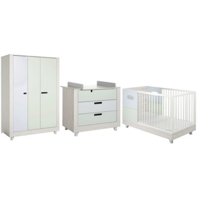 Pack trio lit bébé évolutif, commode à langer et armoire Momo vert d'eau et bleu clair Geuther