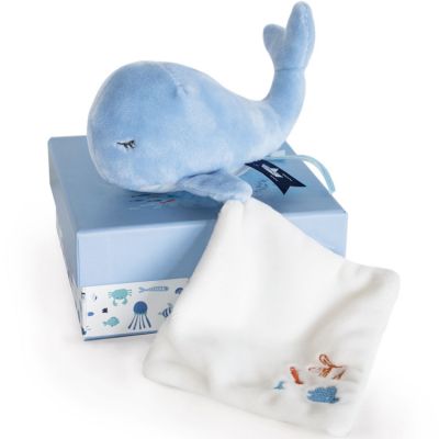 Doudou et Compagnie - Coffret peluche avec doudou baleine bleue (15 cm)