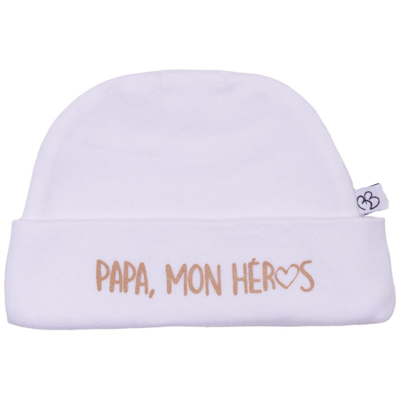 Bonnet doublé pur coton Papa mon héros blanc BB & Co Produit 1