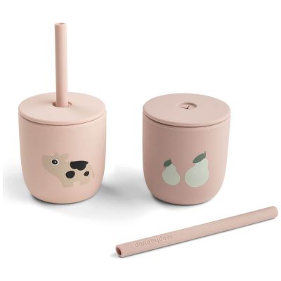 Lot de 2 gobelets à paille en silicone Tiny farm Rose Done by Deer