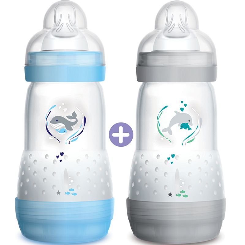 Lot de 2 biberons anti-colique bleu et gris - débit 2 moyen (260 ml) MAM