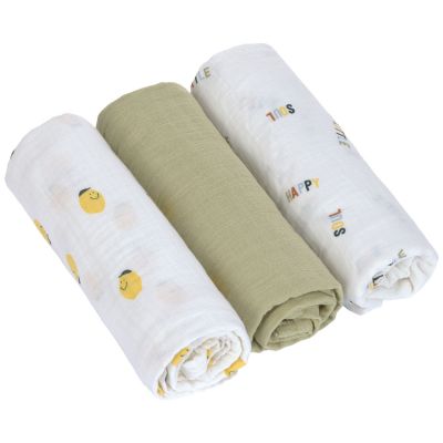 Lot de 3 langes mousseline GOTS Happy Fruits Citron (85x85 cm)