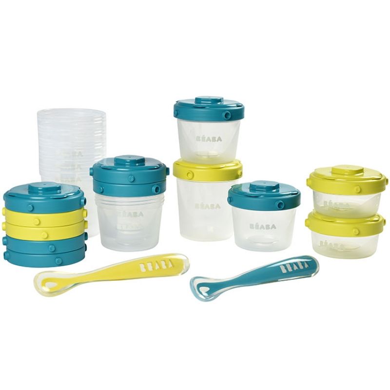 Pack 1er repas avec pots de conservation et cuillères néon bleu (14 pièces) Béaba