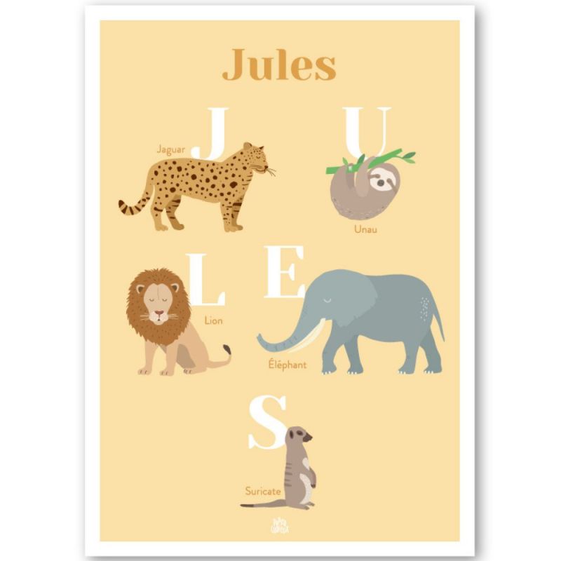 Affiche A3 abécédaire animaux jaune (personnalisable) Papier curieux