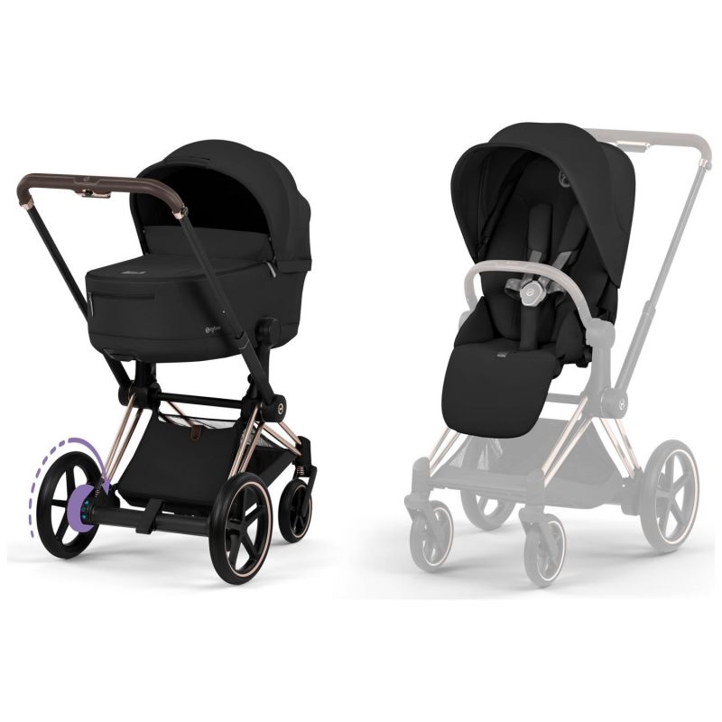 Duo e-PRIAM 2026 Poussette électrique tout-terrain avec nacelle pliable Rose Gold Sepia Black Cybex Produit 1