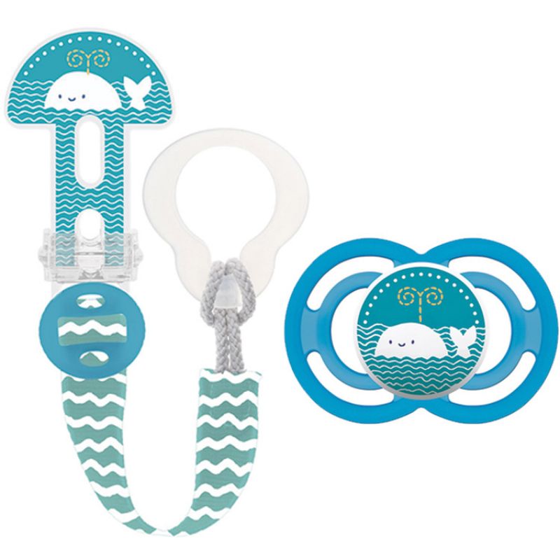 Lot sucette physiologique et attache sucette Perfect baleine bleu (6-18 mois) MAM