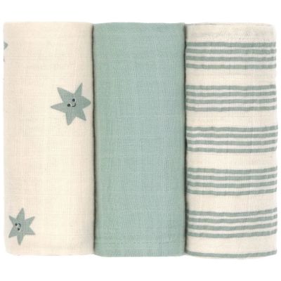 Lot de 3 langes mousseline Tiny Team vert granit (60x60 cm)