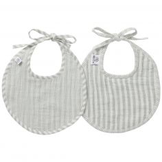 Lot de 2 bavoirs naissance en gaze de coton rayé vert de gris - BB & Co