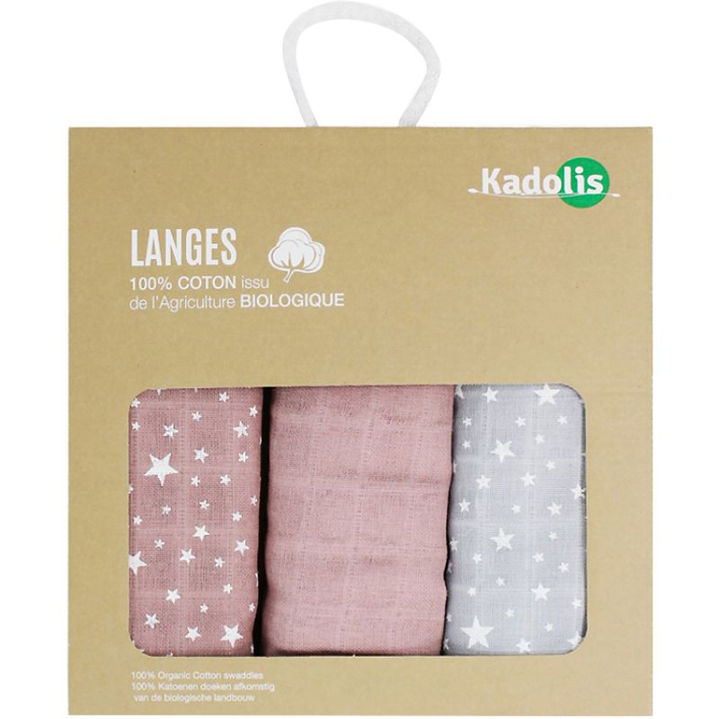 Lot de 3 langes en coton bio Étoile rose (60 x 60 cm) Kadolis