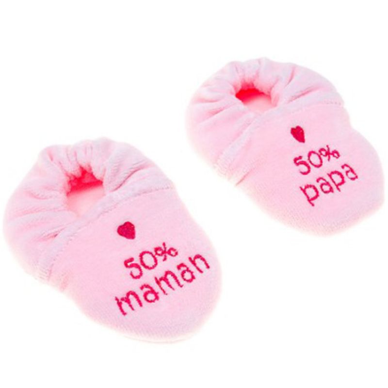 Chaussons velours brodés 50 % maman 50 % papa rose (0-6 mois) BB & Co