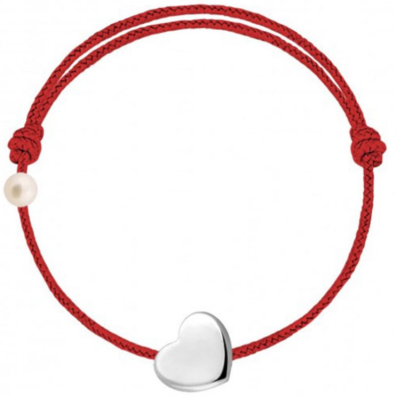 Bracelet cordon Coeur et perle rouge (or blanc 750°) Claverin
