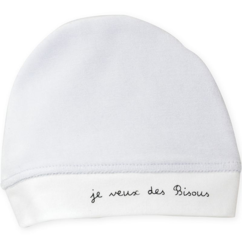 Bonnet bébé en velours bleu Je veux des bisous (0-1 mois) Trois Kilos Sept