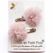 Barrette Fêtes et Cérémonies mini pompons tulle rose pailleté (lot de 2)  par Luciole et petit pois
