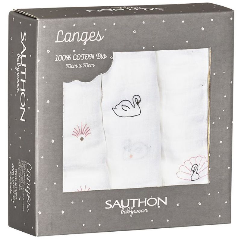 Lot de 3 langes en coton bio cygne Baby Swan (70 x 70 cm) Sauthon